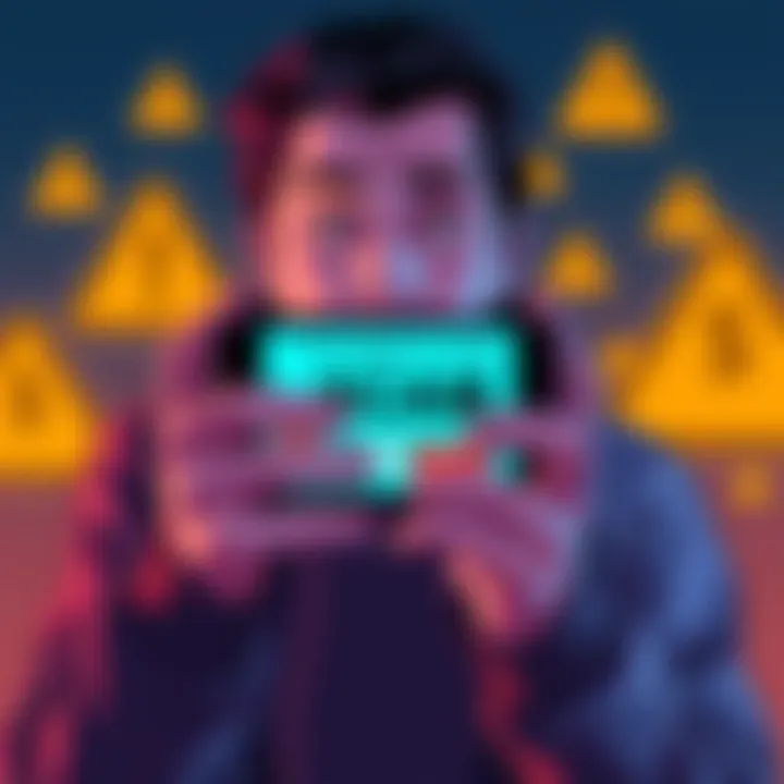 A person looking shocked while holding a phone displaying a scam message, surrounded by warning symbols and dollar signs