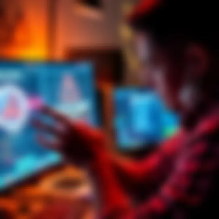 A person looking at a computer screen displaying scam warnings with an alert sign