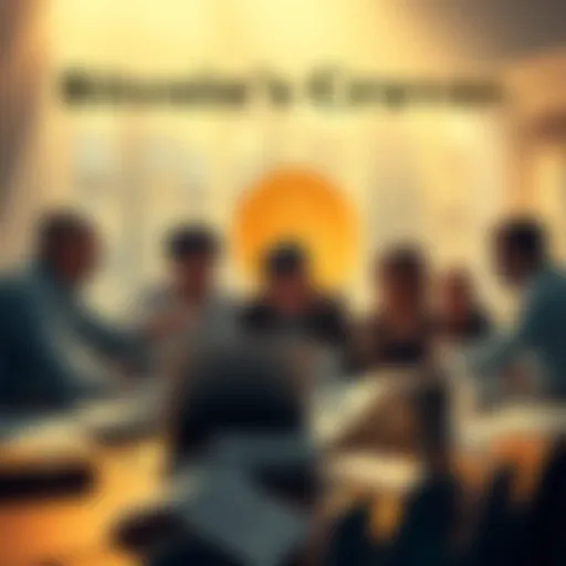 A group of people discussing Bitcoin with a laptop and papers scattered around, symbolizing the hunt for Bitcoin's creator.