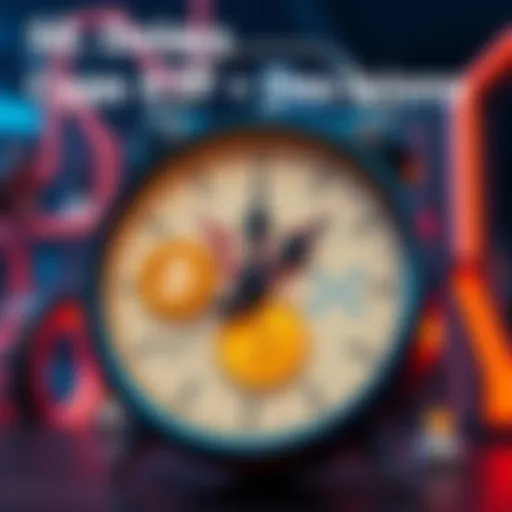 Graphic showing a clock with cryptocurrency symbols representing Truth Social, Solana, and XRP, indicating delay in SEC decisions.