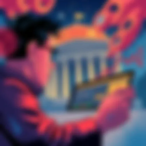 Illustration of a person analyzing cryptocurrency charts with a background of a regulatory building, symbolizing SEC's new framework