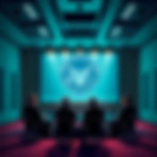 A group of business people discussing a financial report in a conference room, with a large screen displaying the SEC logo and Ripple's logo in the background.