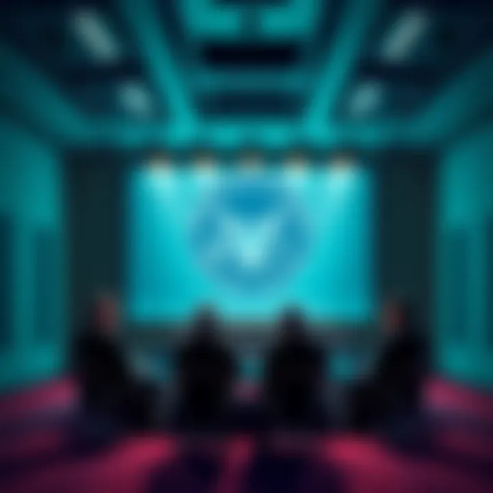A group of business people discussing a financial report in a conference room, with a large screen displaying the SEC logo and Ripple's logo in the background.