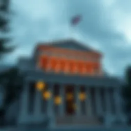 A representation of the SEC building with a graphic showing falling cryptocurrency symbols, indicating the repeal of crypto regulations.