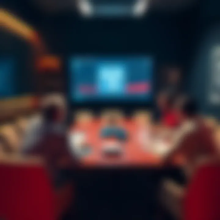 A meeting room with people discussing the SEC and Ripple case, with documents and a digital screen showing crypto graphs
