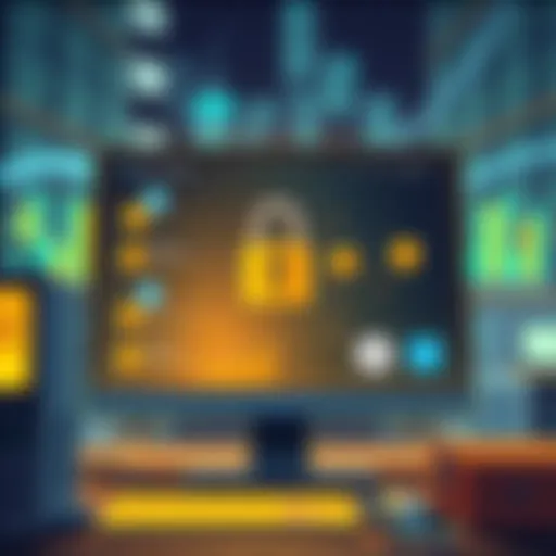 An illustration showing a computer screen displaying various secure online exchanges for Bitcoin storage with a padlock symbol for safety.