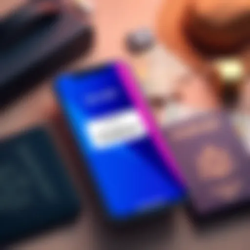 A smartphone displaying a mobile wallet app with passphrase feature highlighted, surrounded by travel-related items such as a passport and money.