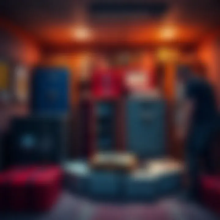 A person organizing various secure storage options for investments, including safes and storage boxes