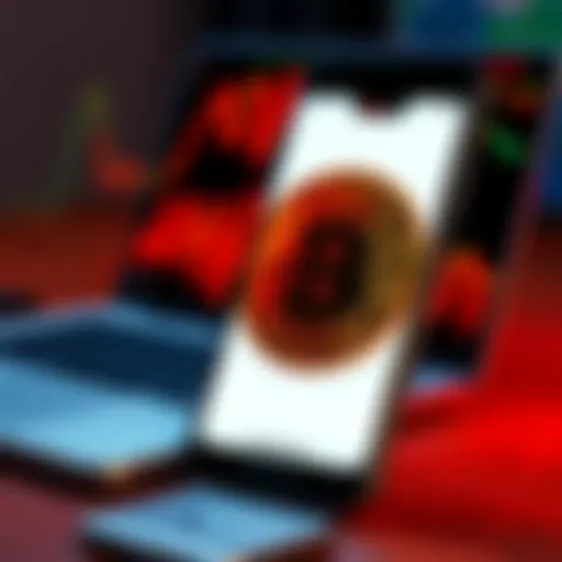 An iPhone displaying a secure Bitcoin wallet app on its screen, with a laptop in the background to represent potential risks.