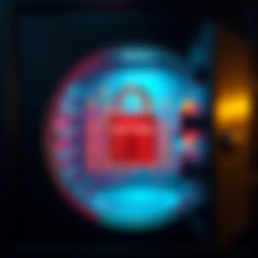 A safe with a lock and a digital representation of a seed phrase inside it, symbolizing secure storage for cryptocurrency assets.