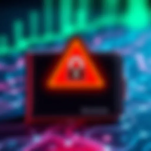 A graphic showing a warning sign over a digital wallet with a lock symbol, indicating a security issue with Trezor Suite