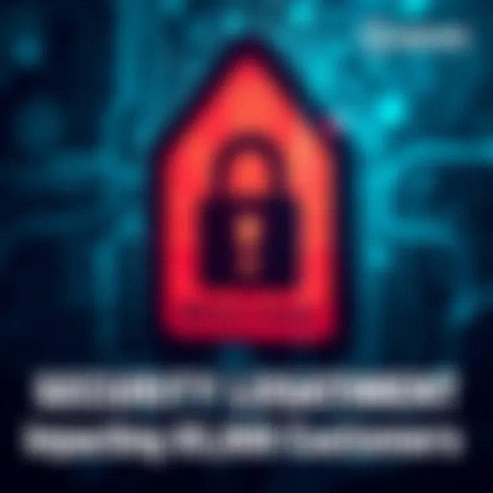 A warning sign indicating a security breach, with a lock and exclamation mark, symbolizing urgency and caution for customer data protection.