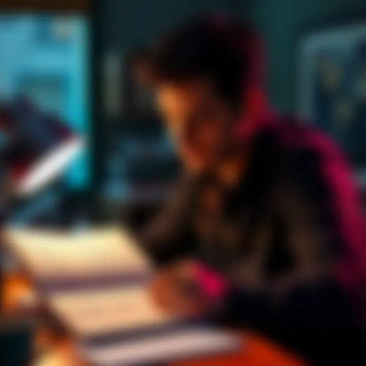 A person sitting at a desk, looking thoughtfully at a notebook filled with notes and questions about their life choices
