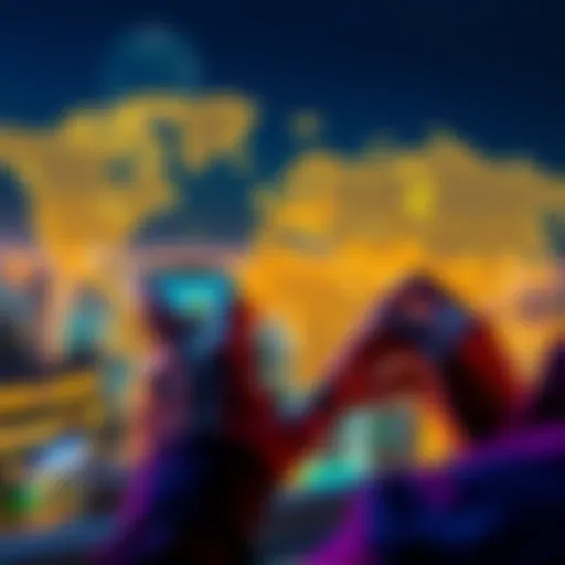 A person using a smartphone to sell cryptocurrency while traveling, with a global map and currency symbols in the background.