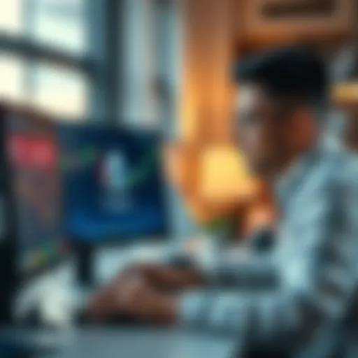 A person sitting at a computer, looking at Ethereum on a trading platform with cash in hand
