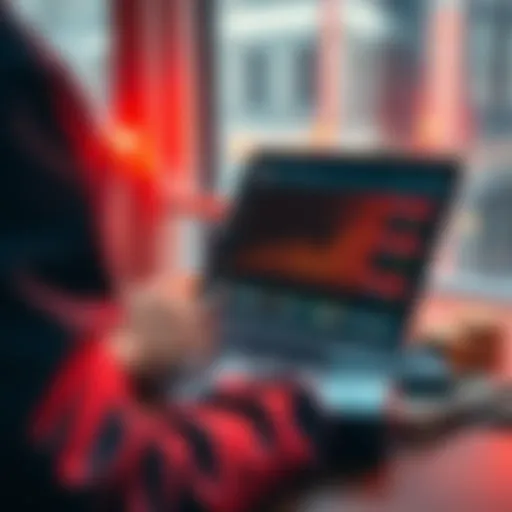 A person using a laptop to sell Monero cryptocurrency, with cash notes beside them