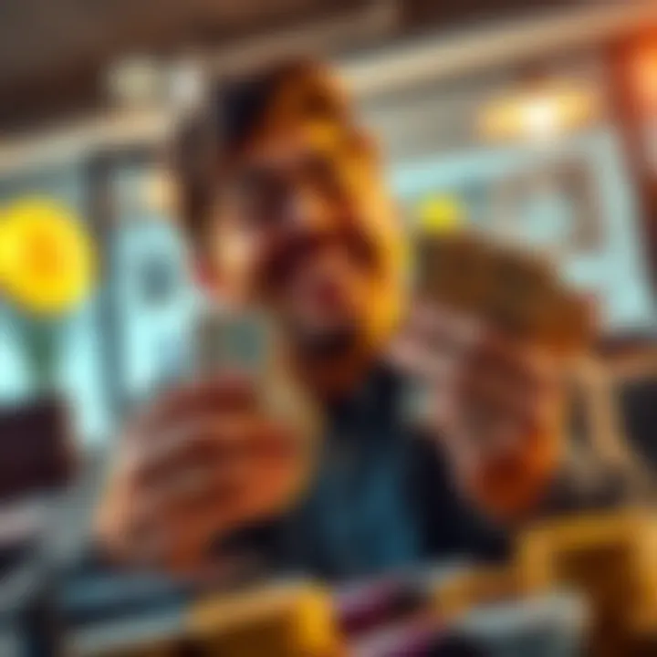 A person happily counting cash after selling Bitcoin, symbolizing financial freedom and home ownership.