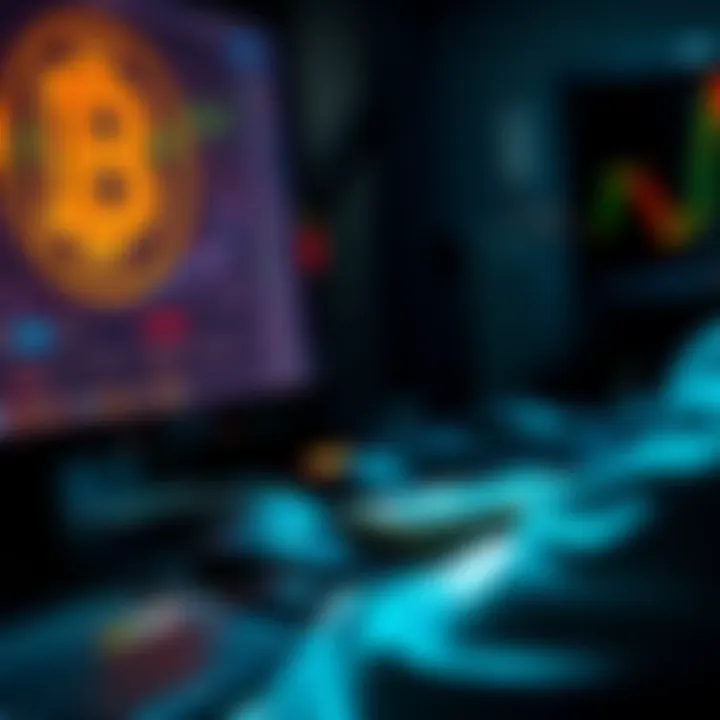 A person using a computer to sell Bitcoin stored in a cold wallet for cash, with Bitcoin symbol and charts in the background