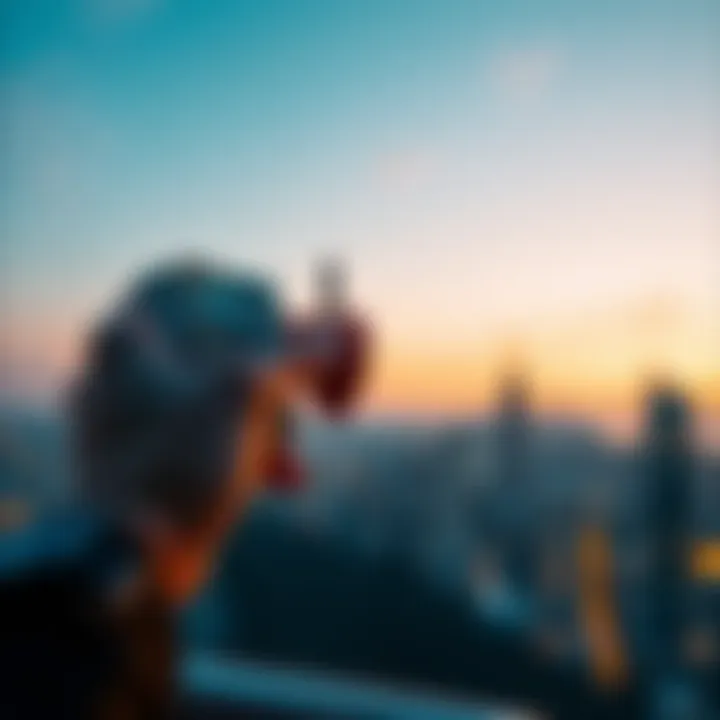 A person holding a Tesla key with cash in hand, contemplating cryptocurrency investments, in front of a city skyline.