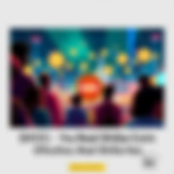 People discussing SHIC in a vibrant setting with cryptocurrency visuals around them