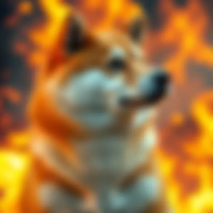 A Shiba Inu dog with flames in the background representing the 41,016% burn surge in cryptocurrency.