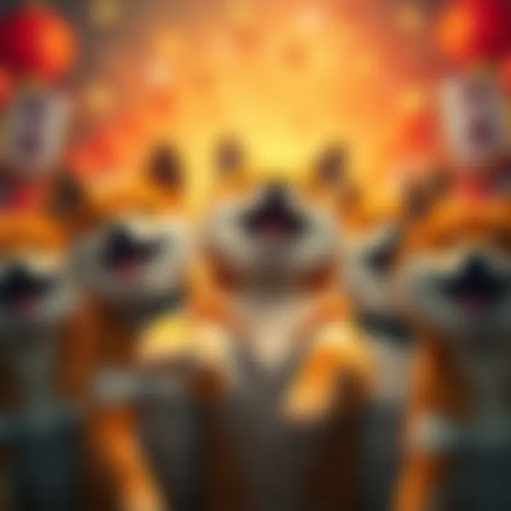 A group of Shiba Inu dogs joyfully celebrating together, symbolizing community spirit.