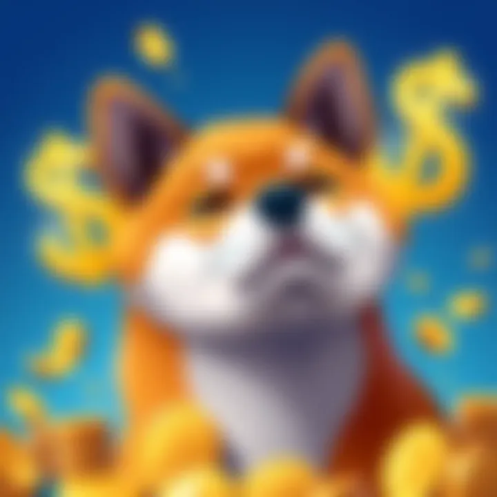 An illustration of a Shiba Inu dog with dollar signs and coins, symbolizing investment potential and wealth, set against a blue background.