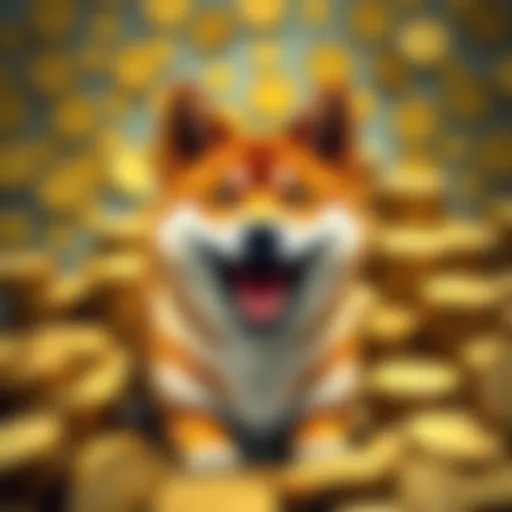Graphic showing Shiba Inu Coin with a joyful Shiba Inu dog and a background of coins, symbolizing decentralization and community support.