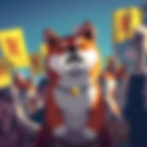 A group of Shiba Inu supporters holding banners, showing enthusiasm for global cryptocurrency presence, with a Shiba Inu dog mascot in the center.