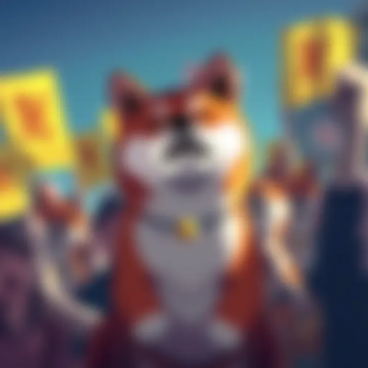 A group of Shiba Inu supporters holding banners, showing enthusiasm for global cryptocurrency presence, with a Shiba Inu dog mascot in the center.