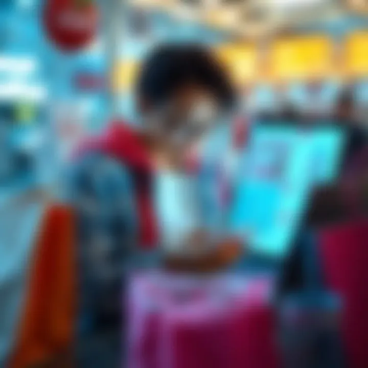 A person using a smartphone to shop online, surrounded by shopping bags and a laptop showing product options.