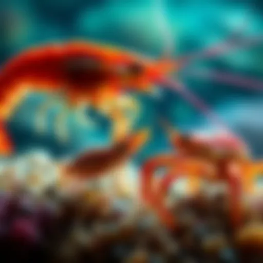 A shrimp is seen attacking a small fish while another shrimp approaches a crab, illustrating predatory behavior in marine life.