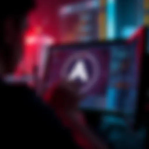 A person looking at a computer screen displaying only the AMP cryptocurrency symbol, representing a focus on one digital asset.