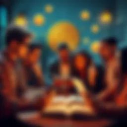 Group of people discussing Bitcoin, showing a mix of skepticism and interest, surrounded by books and devices with cryptocurrency visuals.