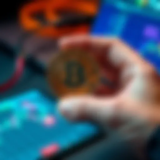 A hand holding a Bitcoin coin with a digital wallet in the background, representing a small investment in cryptocurrency.