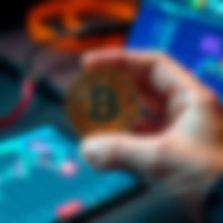 A hand holding a Bitcoin coin with a digital wallet in the background, representing a small investment in cryptocurrency.
