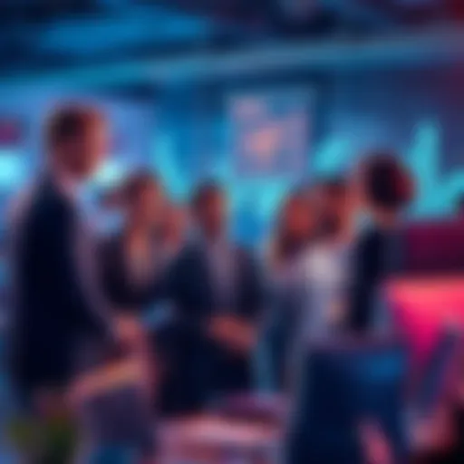 A group of diverse professionals discussing job roles in a tech office, with blockchain graphics in the background.