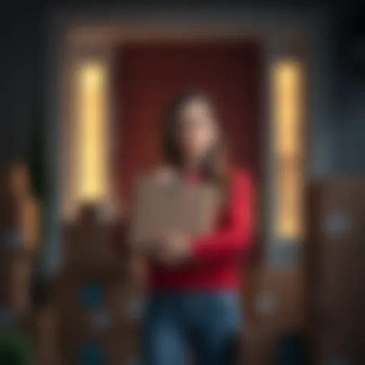 A surprised woman stands at her front door, holding a Solanamobile SEEKER package with a puzzled expression, surrounded by delivery boxes.