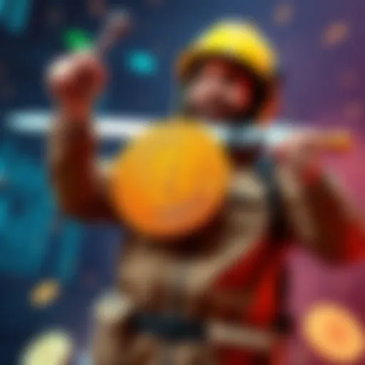 A solo miner joyfully holding a Bitcoin symbol, representing a significant block reward achievement, with a background of digital cryptocurrency elements.