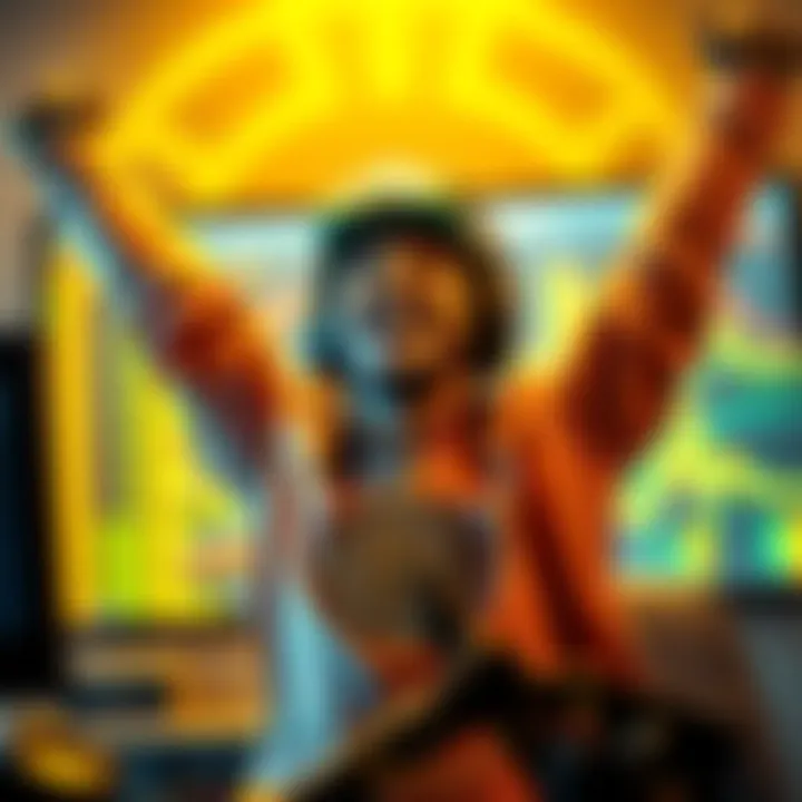 Solo Miner Celebrates Bitcoin Block Discovery A solo miner joyfully celebrating after successfully discovering a Bitcoin block, with a glowing computer screen in the background.