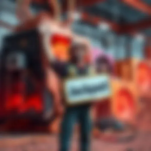 A joyful solo miner stands in front of his mining rig, holding a sign that reads 'Jackpot!' as he plans to pay off his mortgage.