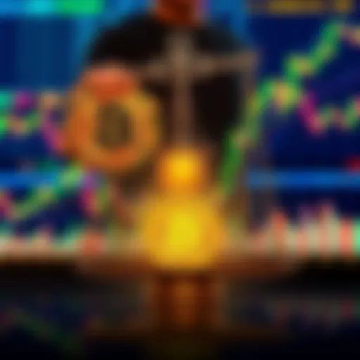 A graphic showing a person weighing S&P 500 stock against Bitcoin with financial charts in the background.