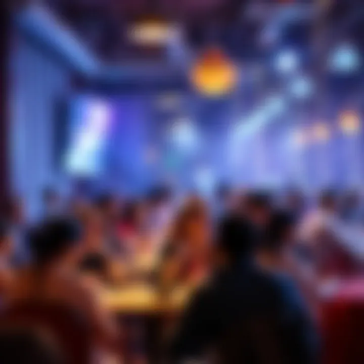 A lively speed dating event with people sitting at tables, engaging in conversations and exchanging smiles, creating a friendly atmosphere.