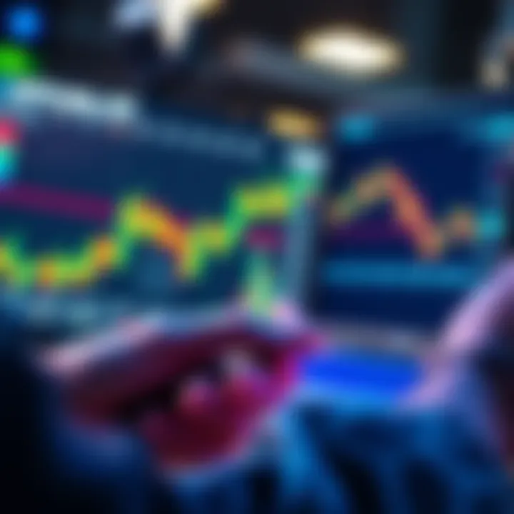 Person using a Ledger device to stake Ether, with cryptocurrency charts on screen in the background.
