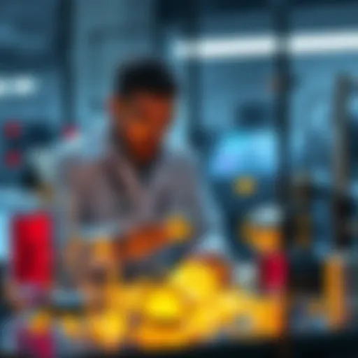 A scientist in a lab experimenting with mercury and nuclear fusion equipment, illustrating the process of transforming mercury into gold.
