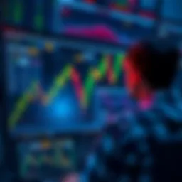 A stock market chart showing fluctuating prices with a person analyzing the data on a computer screen.