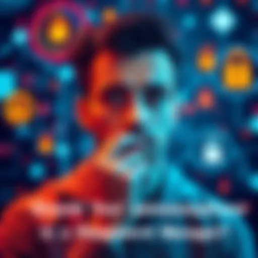 A person contemplating whether to store a passphrase in a password manager, surrounded by digital security symbols