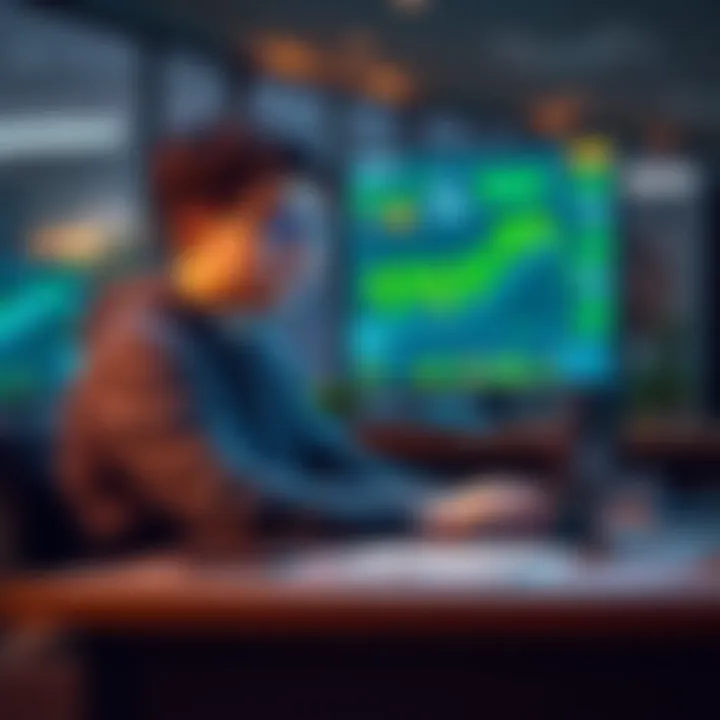 A student sitting at a desk with a laptop, looking thoughtful about their bitcoin investment, with cryptocurrency graphics on the screen.