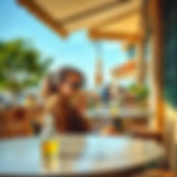 An international student sitting at a cafe table in Le Lavandou, France, holding cash and looking at their phone, trying to figure out how to deposit money into a digital banking app without physical banks.