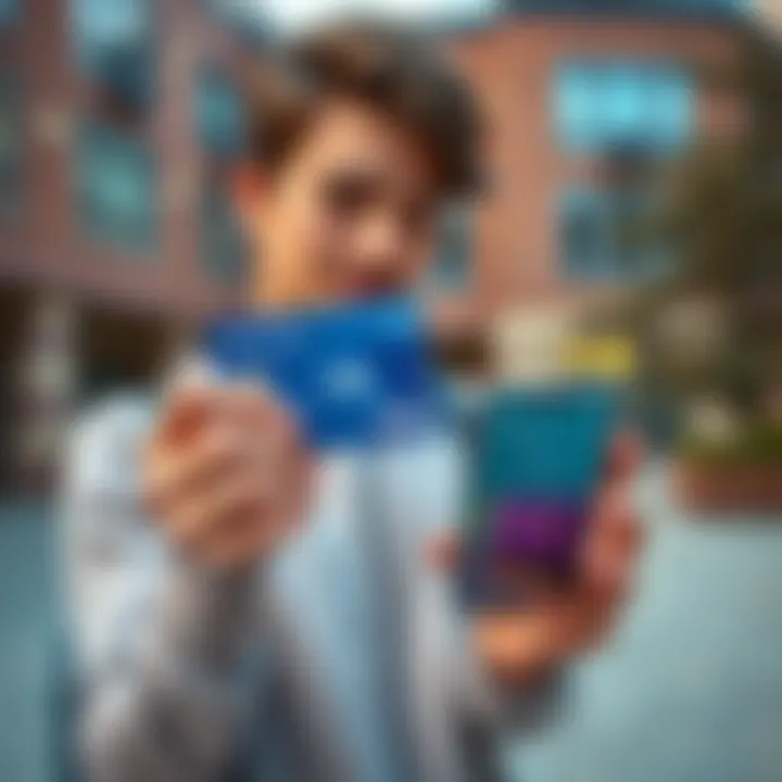 A student in the UK holding a GBP card while looking at their smartphone showing currency options, with a campus background.